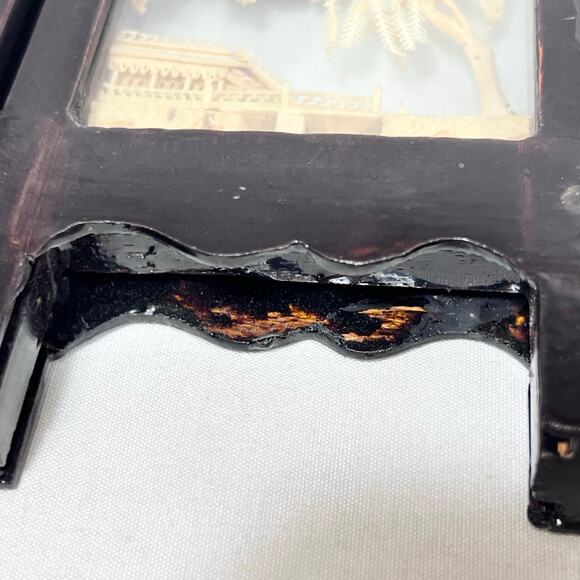 Vintage Asian Carved Cork Diorama Black Lacquer 4 Panel Mini Folding Screen - Picture 16 of 16